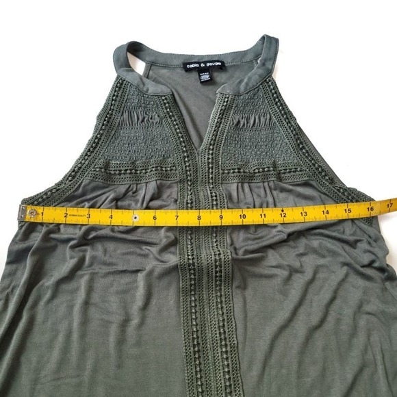 Cable & Gauge Small Crochet Yoke V Neck Tank Top Olive Green - Picture 3 of 6